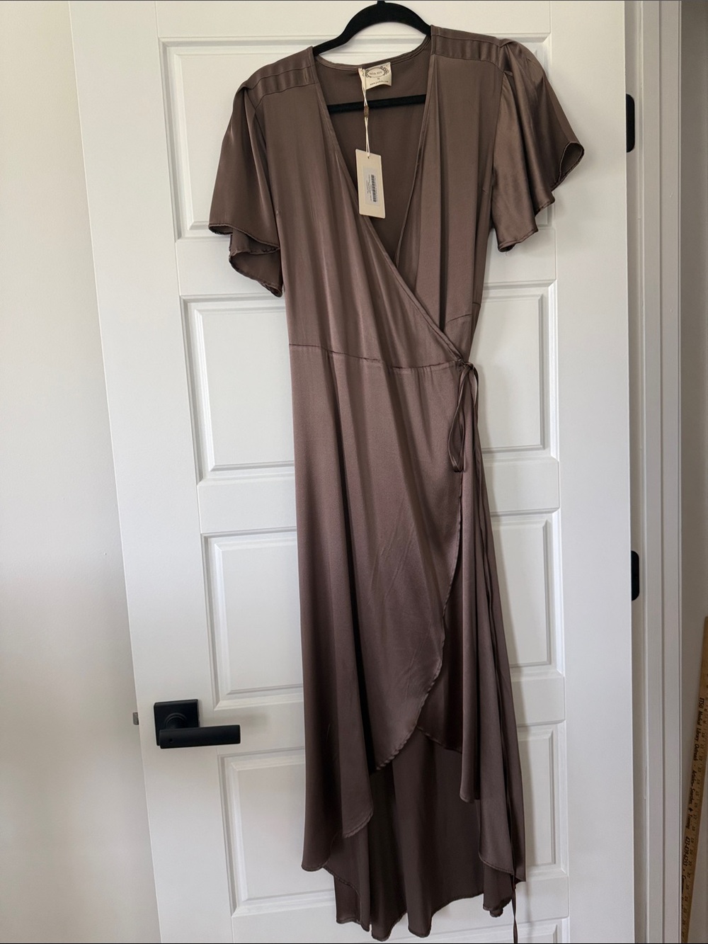 Silky Taupe Wrap Dress with Flutter Sleeves